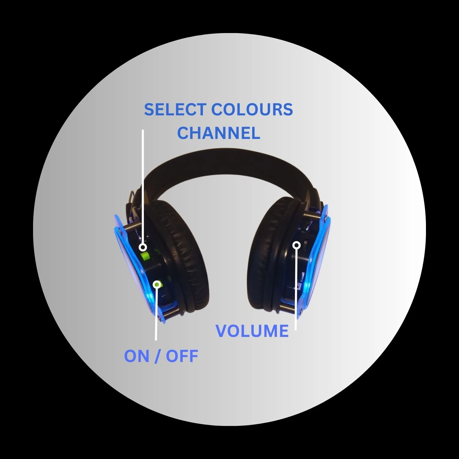 Diagram of the Silent Rave headset controls — on/off and channel select on the left ear cup, volume on the right